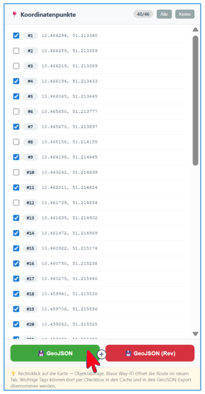 Koordinatenpunkte mit Checkboxen